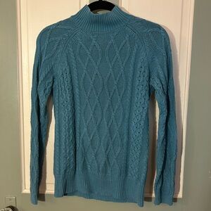 teal cableknit mock turtleneck sweater
